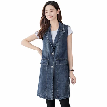 

Rlyaeiz Spring Denim Women's Vest 2019 New Summer Fashion Pure Color Medium-Long Waistcoat Denim Vest Sleeveless Jeans Jackets