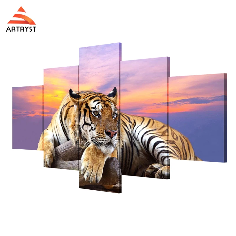 

Artryst brand modern home decoration art wall painting tiger poster prints on canvas 5 panel modular canvas painting on wall