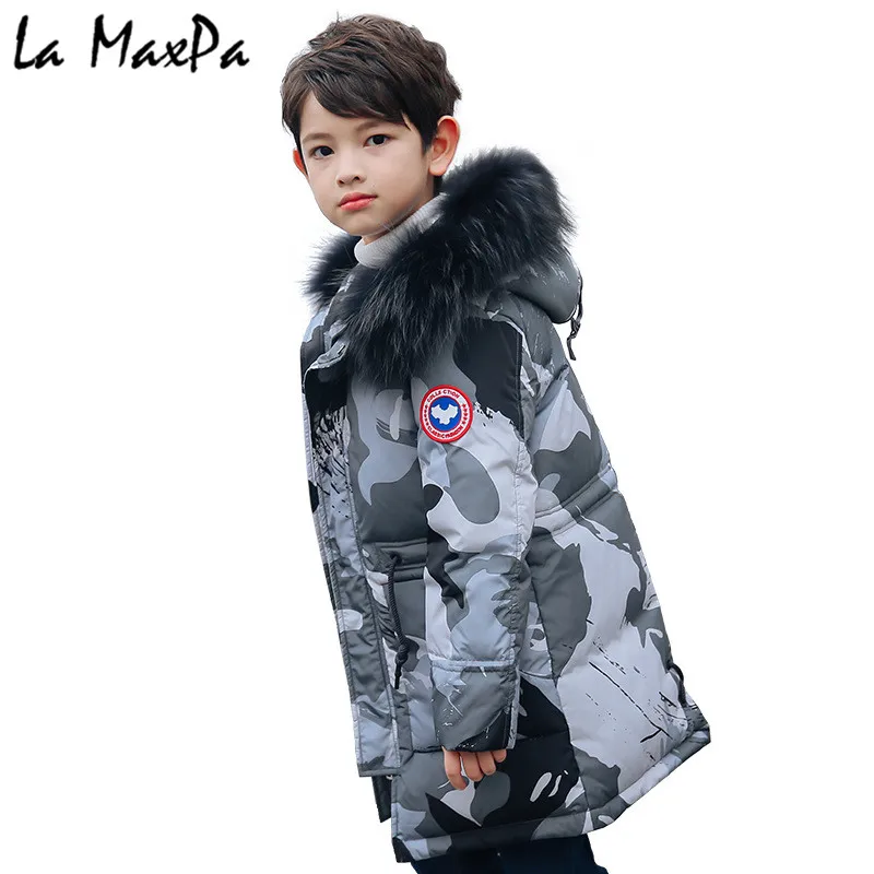 

-30 Degrees Boys Winter Russia Thickening Warm Down Jackets Coats Children Long Section Knees Fur Collar Hooded Jacket Boy Down