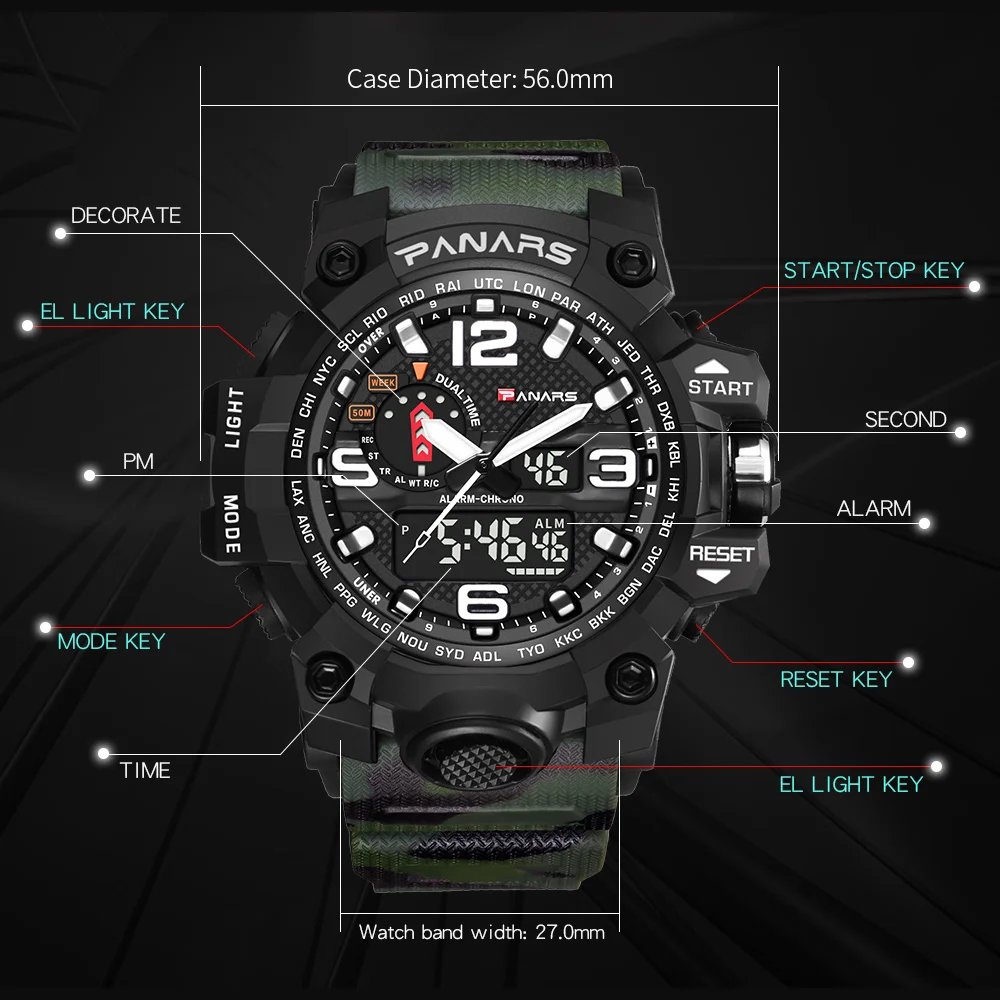 PANAR Брендовые мужские спортивные часы, двойной дисплей, аналоговый цифровой светодиодный, электронные кварцевые наручные часы, водонепроницаемые, для плавания, военные часы