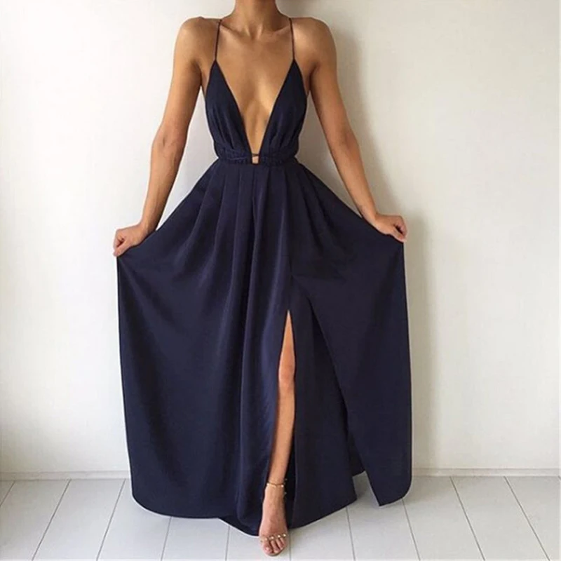 

2019 Summer Maxi Dress Women Solid Color Dress Sexy Deep V-Neck Sleeveless Spaghetti Strap Backless High Split Long Dress S M L