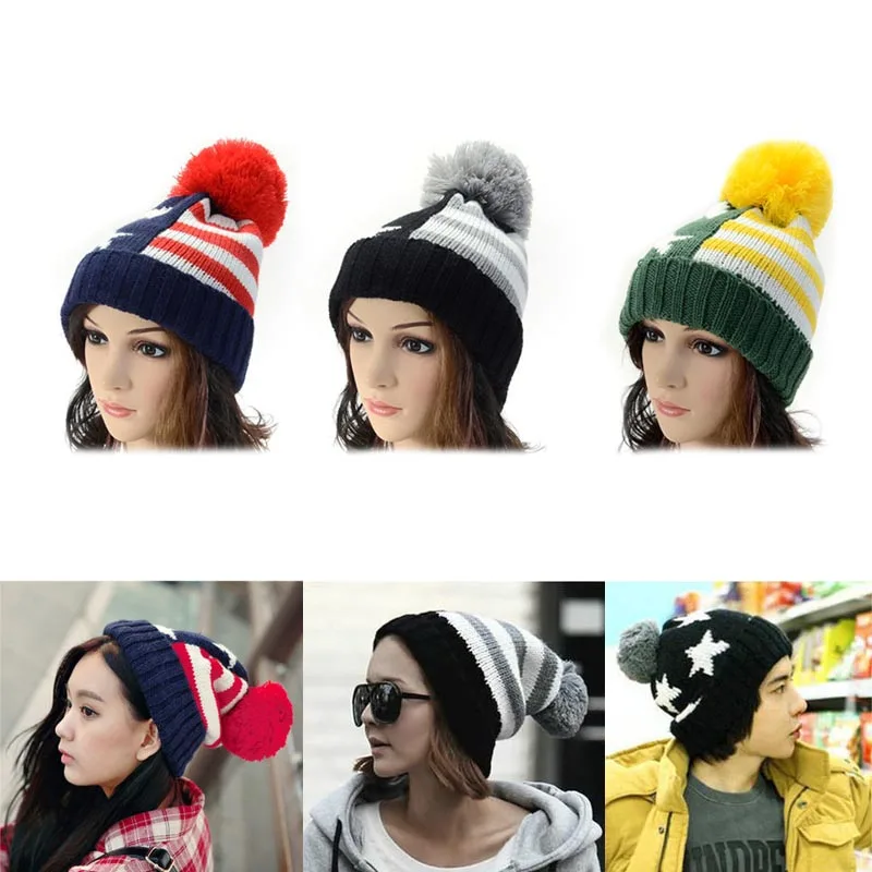 

Women Knitted Hat Multi-color Ball Top Striped Star Pattern Soft Warm Cap for Winter IK88