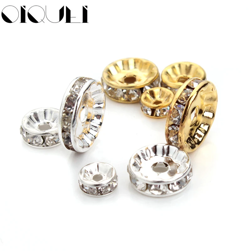 

OIQUEI 6mm 8mm 10mm 50pcs Gold Sliver Color Crystal Rhinestone Rondelles Loose Spacer Beads For DIY Jewelry Making Accessories