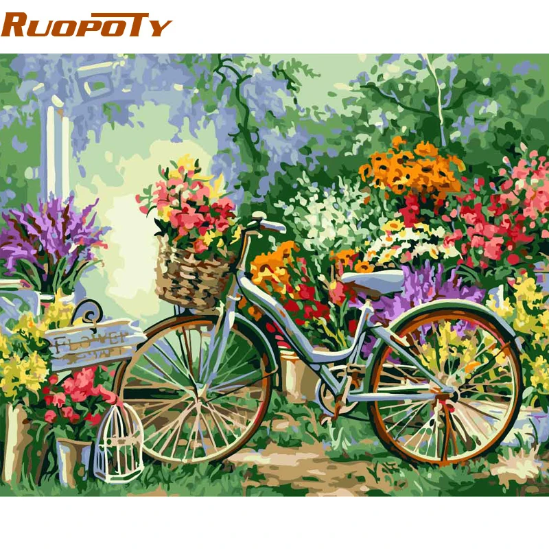 RUOPOTY Рамка DIY Краска по номерам велосипед цветы наборы акриловая краска по номерам ручная краска ed масляная краска для домашнего декора