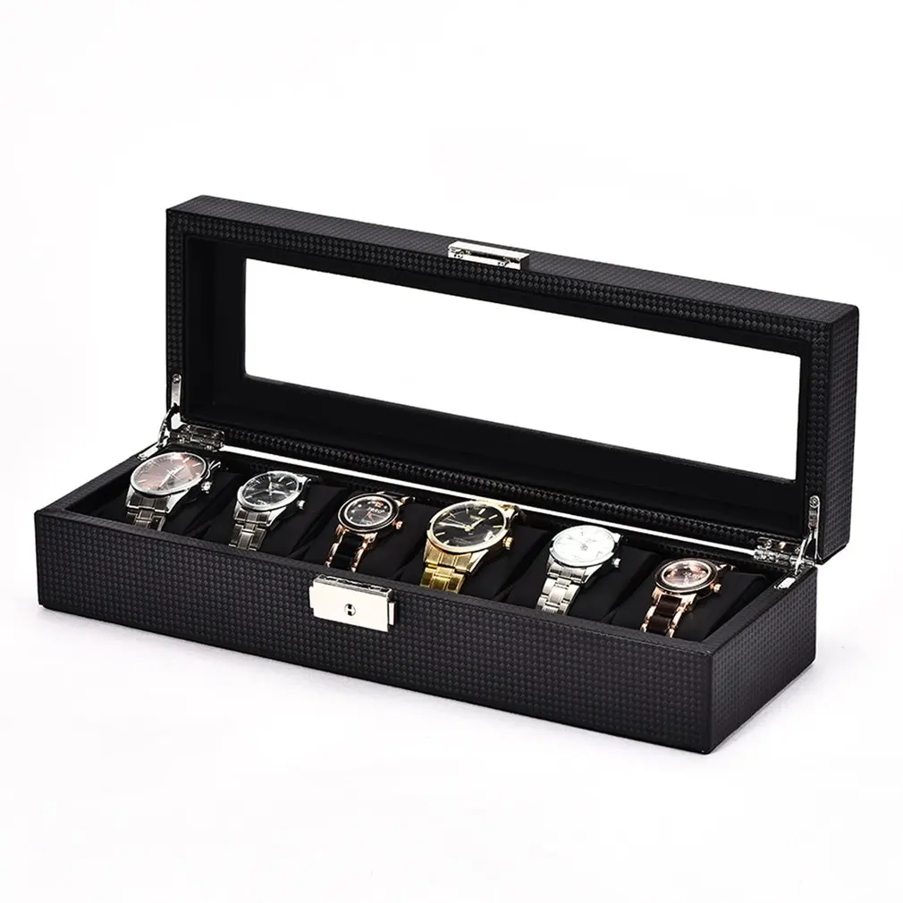 Luxury 6/10/12 Grids Watch Box Carbon Fibre Pattern Watch Storage Display Slot Case Storage Organizer Holder Container 2019