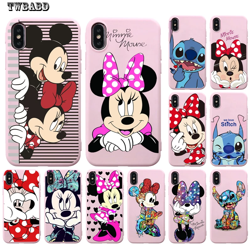 

Cute Minnie Mickey Stitch Soft Pink Silicone Phone Case for iPhone 8 7 6 6S Plus X XS MAX XR 10 Cover Etui