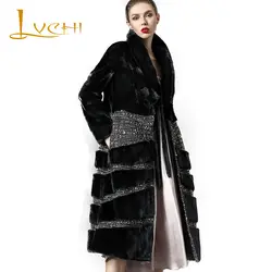 Lvchi winter2017 Импорт норки Мех животных пальто Для женщин с длинным рукавом Тонкий Пальто Лоскутная бриллиантами натуральным Мех животных