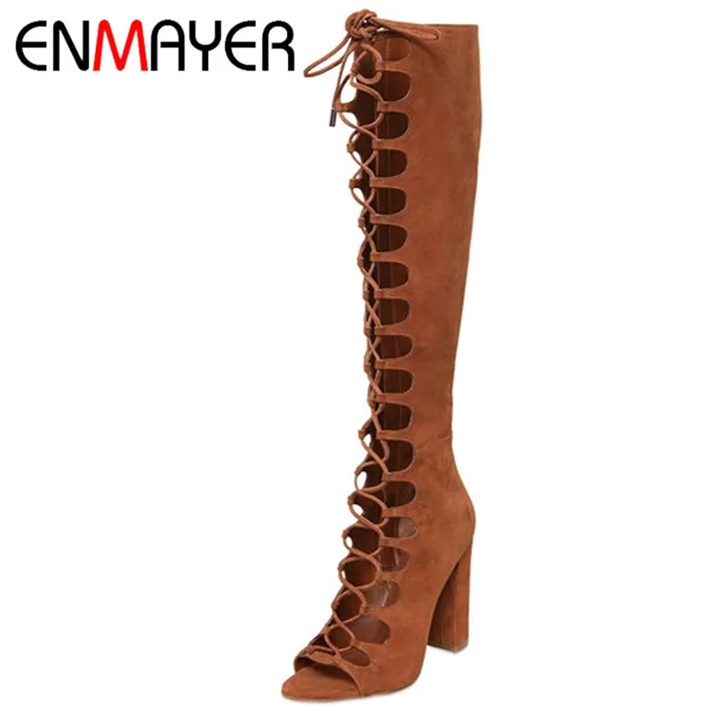 

ENMAYER Fashion Summer Boots Knee High Boots Women Brown Color Sexy Lace-up Peep Toe Boots Genuine Leather Shoes for Women Pumps