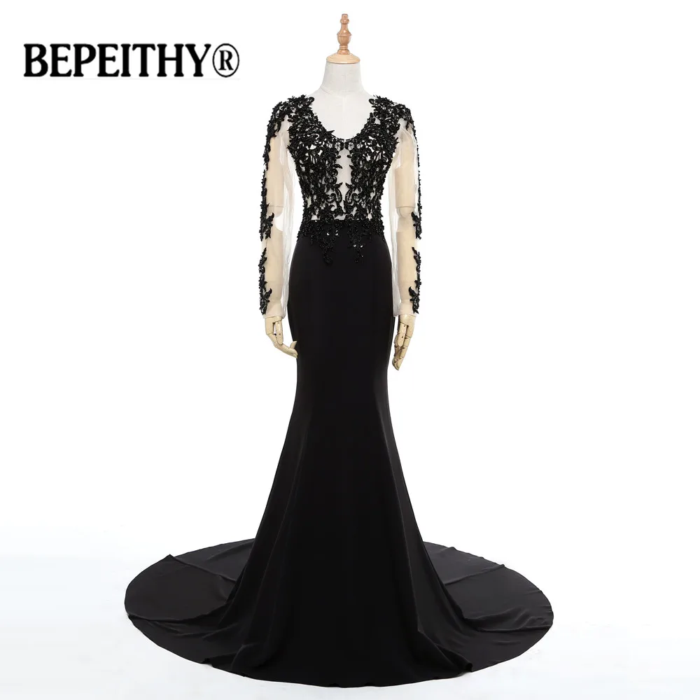 

Sheer Back Black Elastic Mermaid Evening Dresses Appliques 2019 Real Photo Scoop Neck Women Prom Gowns Long Robe De Soiree New