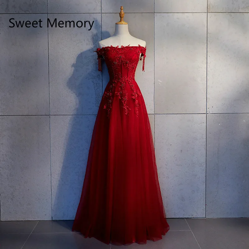 Sweet Memory Boat Neck Wine Red Long Evening Dress Lace Tulle Elegant Dark Party Dresses SW19168 | Свадьбы и торжества