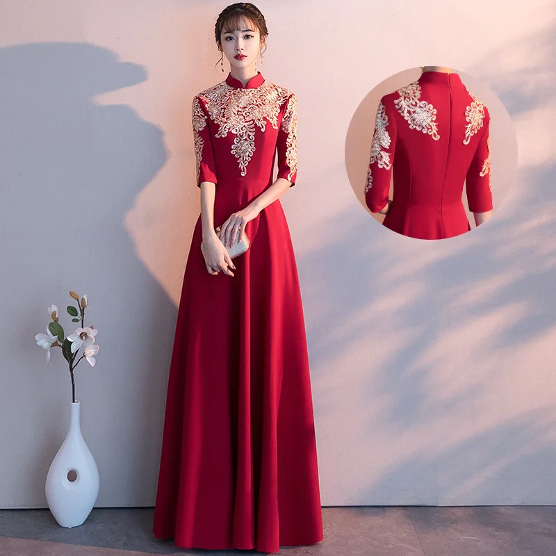 Chinoise Вечерние платья Длинные Qipao Свадебные невесты вышивка красный Традиционный ченсам китайское платье одежда Вечерние платья - Цвет: Wine red long collar