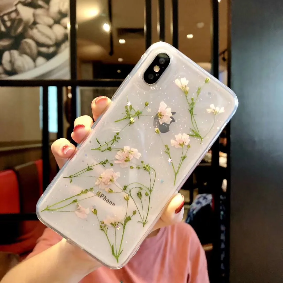 

ONEPLANT Real Flowers Dried Flowers Soft TPU Back Cover For iPhone X 6 6S 7 8 plus Case Transparent Phone Case for iphone XS Max