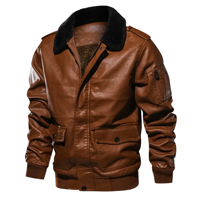 

Autumn and winter new men's leather jacket plus velvet motorcycle coat windproof PU leather jacket European size warm lapel