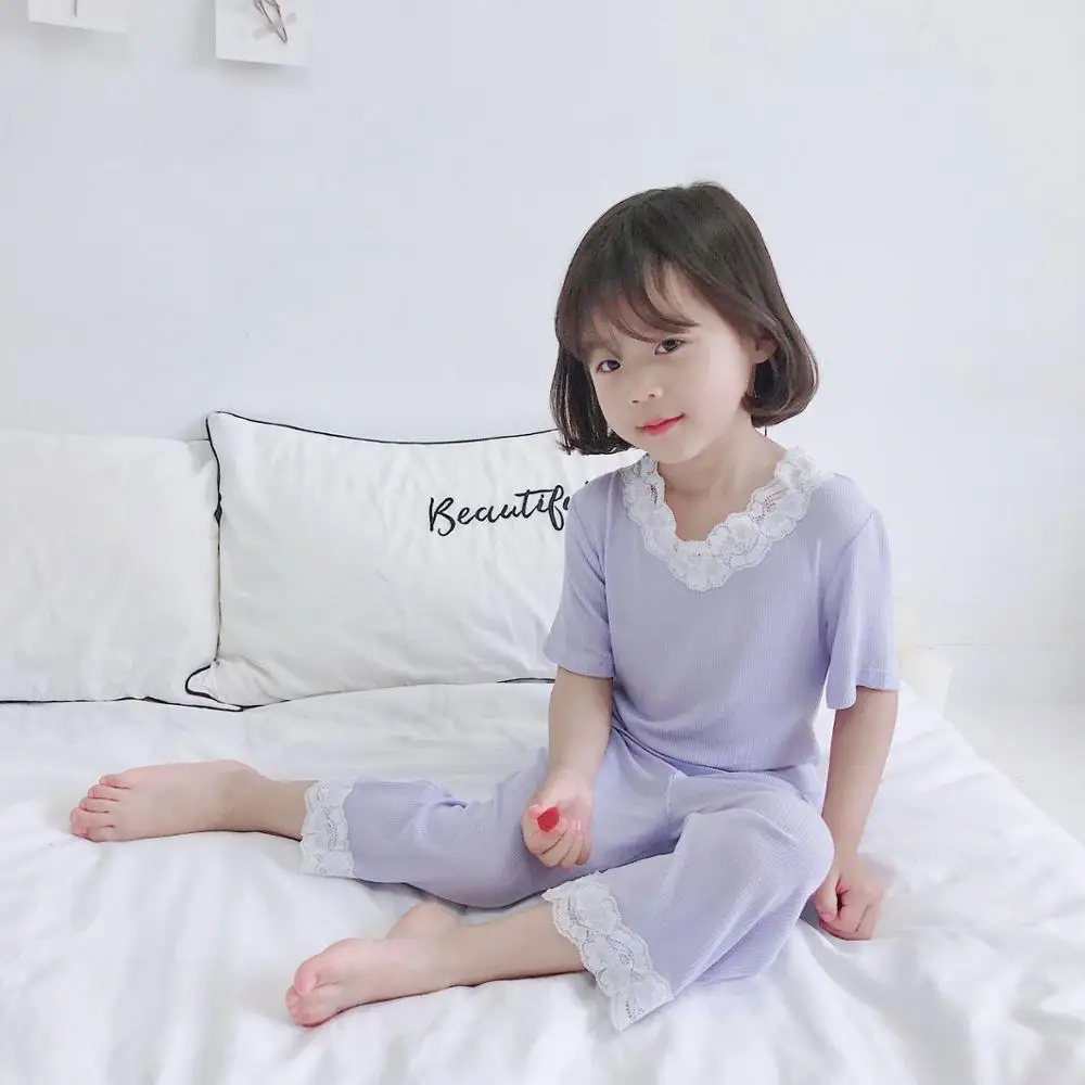 Пижамы для девочек, летние пижамы в рубчик, детские пижамы для девочек, детская одежда для сна, одежда для сна для малышей, модальный топ+ штаны, от 18 месяцев до 11 лет - Цвет: Light Purple