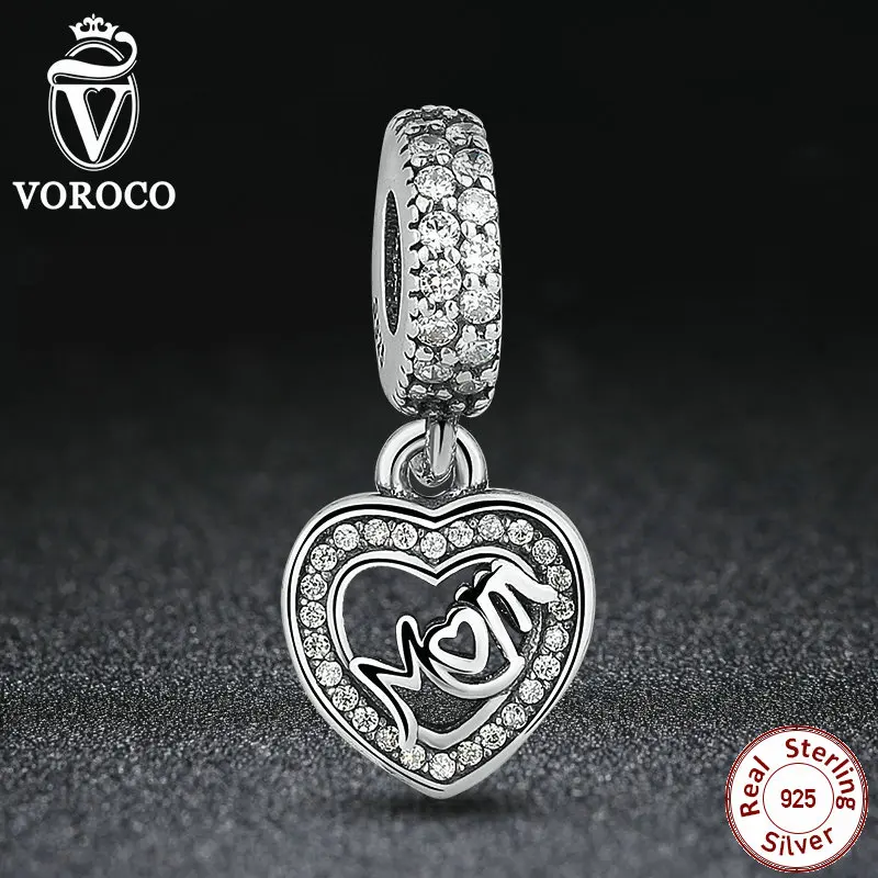Romantic 925 Sterling Silver MUM SILVER DANGLE WITH CUBIC ZIRCONIA Heart Pendant Charm Fit Pandora Bracelet