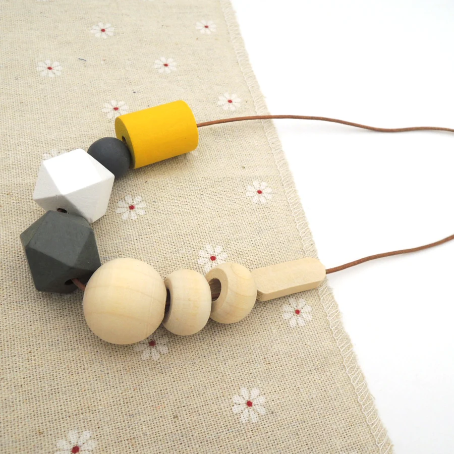 

Girl geometric wood necklacle woman fashion long rope leather cord faceted bead ethinc grey yellow NW015