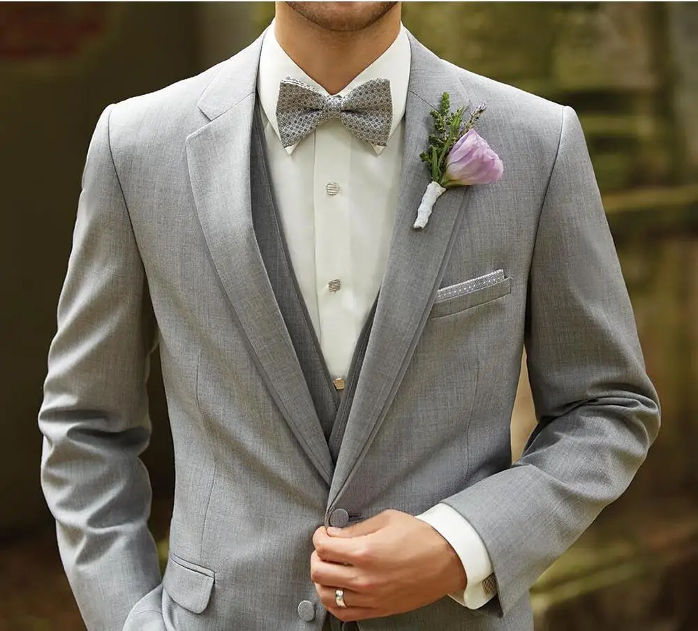 Photos Groom Tuxedos Groomsmen Custom Made Light Grey Slim Fit Best Man Suit Wedding Suits