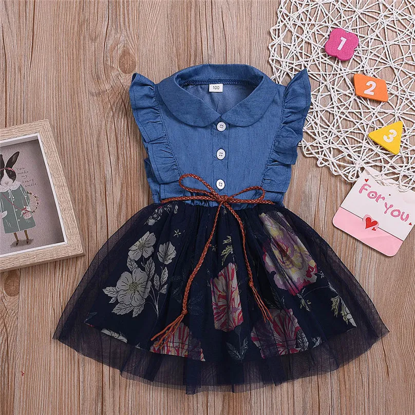 

Frilled denim stitching flower print mesh tutu Toddler Baby Girls Sleeveless Ruffles Floral Print Denim Splice Tulle Dress 42H
