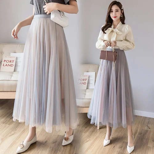 

TingYiLi Contrast Black Pink Tulle Skirt Korean Elegant Ladies Autumn Long Skirt Elastic High Waist Big Swing Skirts Womens