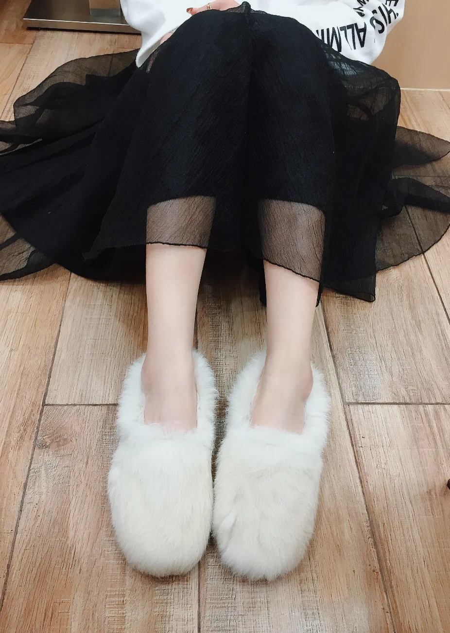 2019 Hot Sale Real Fur House Flat Shoes Women Winter Mules Shoes Ladies Rabbit Fur Shoes Fashion ...