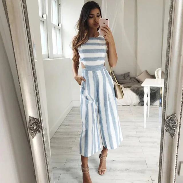 Striped jumpsuit Rompers 2017 Women Linen cotton overalls