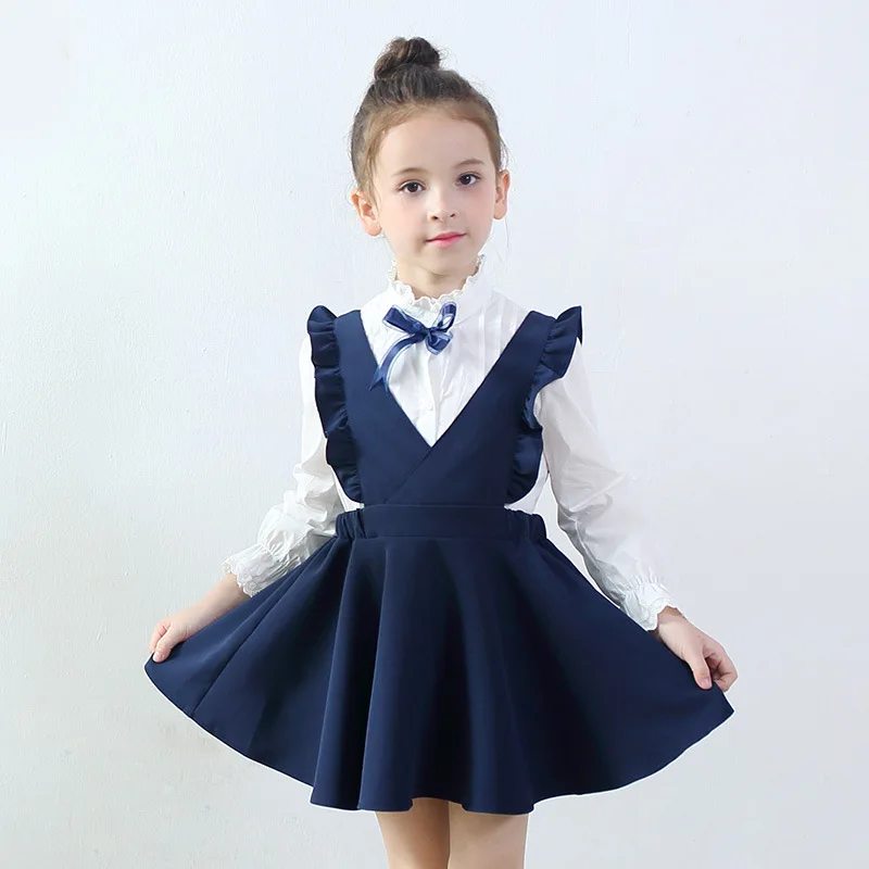 

New Autumn Baby Girls School Dress Kids Suspenders Costume Preppy Style for School Student Cotton Children Clothing for 3-13y