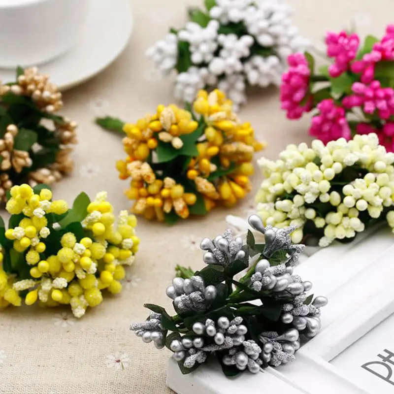 12Pcs Mini Artificial Pip Berries Stem Bunch Foam Fruit Flower Stamens for DIY Craft Wreaths Garland Wedding Box Decoration Gift