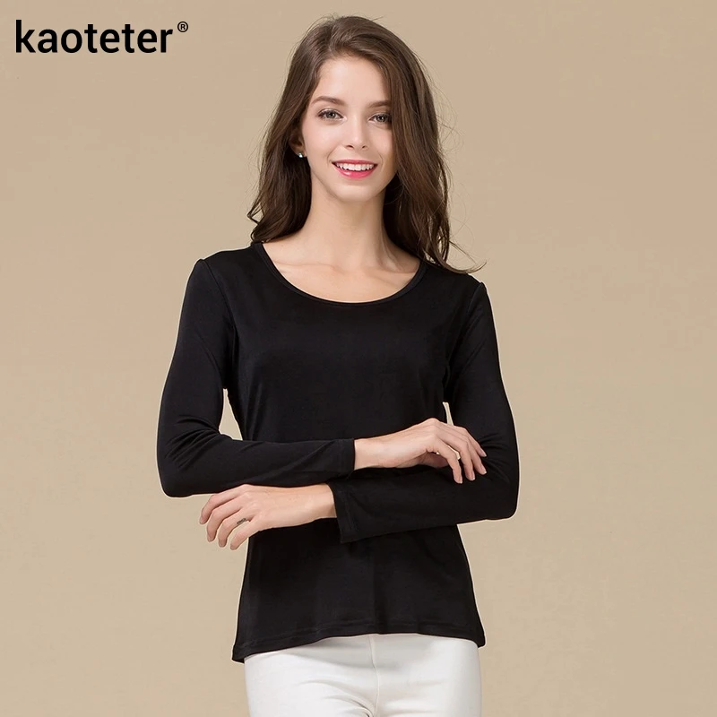 Najtaniej 100% czysty jedwab kobiet koszulki z długim rękawem kobiety O Neck kobiet podstawowe dzikie najniższy Femme koszulki topy moda kobieta