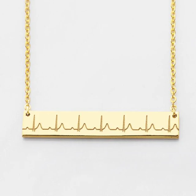 Custom Personalized Stainless Steel Women Gold Engraved Heartbeat Bar Necklace