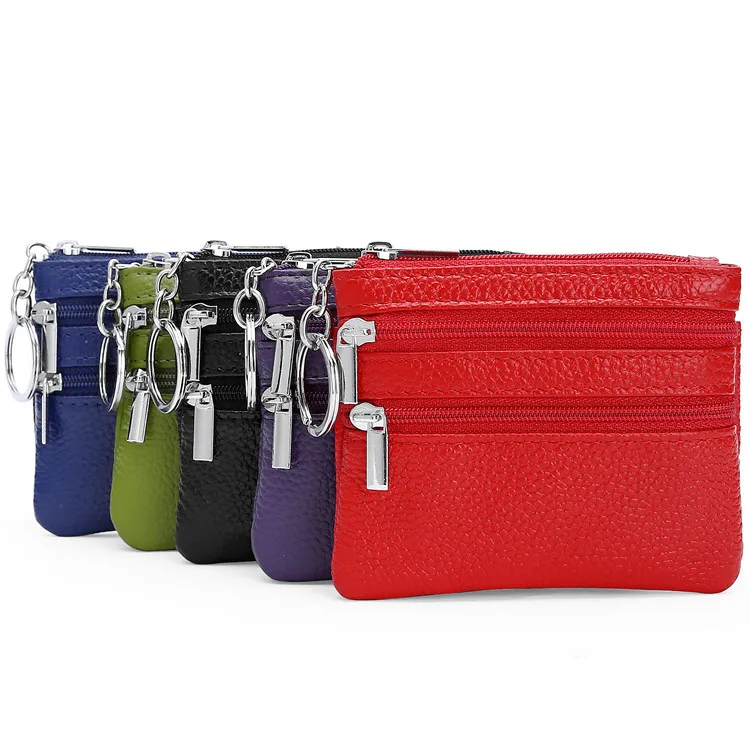 

Genuine Leather Double Zipper Key Wallet Small Coin Purse Multi pockets Bus Card Key Bag pocket Custom name logo