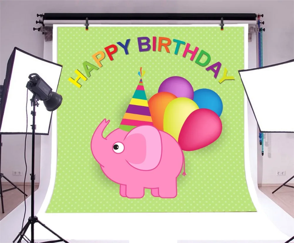 Laeacco Baby Newborn Colorful Balloons Happy Birthday Elephant Cartoon Photo Backgrounds Photo Backdrops Photocall Photo Studio