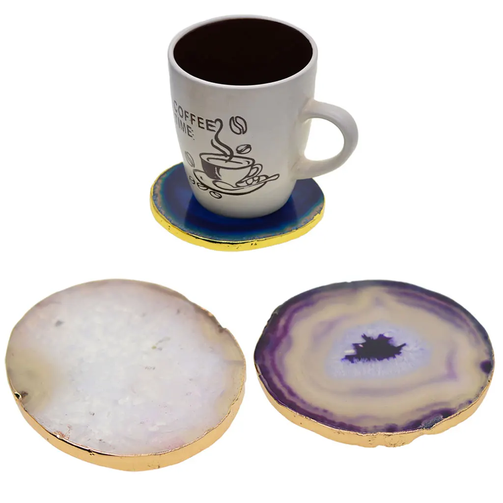 

2 Pieces Gold Edge 60-80mm Agate Quartz Crystal Slices Coaster Home Ornament Cup Mat DIY Crafts Purple +white