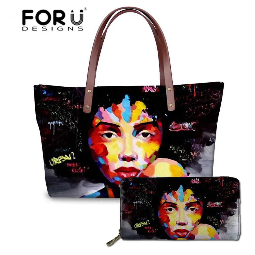 

FORUDESIGNS Purse&Handbags Women Black Art African Girls Printing Top-Handle Bags Ladies 2pcs/set Hand Tote Bag Feminine Bolsa