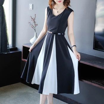 

Elegant Female Fashion Black And White Patchwork Long Dress Temperament Sleeveless With Belt Summer Dress Classical Vestidos
