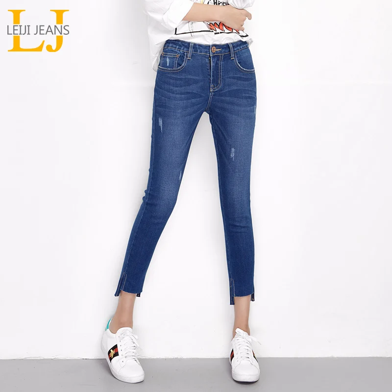 

LEIJIJEANS Autumn Plus Size Ripped Bleached Irregular style cuff Mid Waist Ankle Length Skinny Stretch jeans women 6146