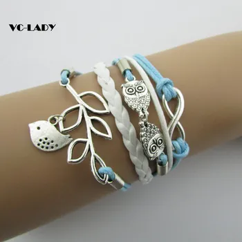 

vintage fashion owl big 8 love double infinite multi-layer leather bracelet factory wholesale price Jewellery