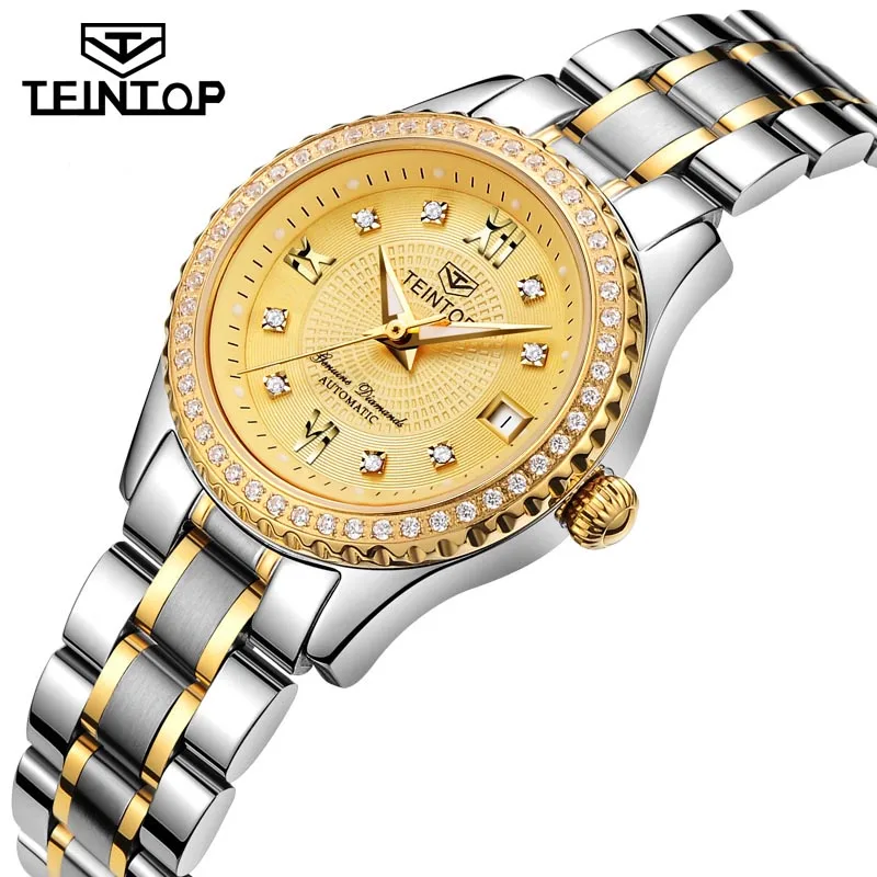 TEINTOP модные автоматические женские часы, золотые полностью стальные механические часы с бриллиантами, женское платье, relojes femeninos - Цвет: Women Gold Silver