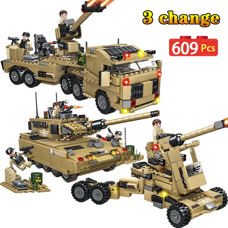 

609PCS Military Tank Building Blocks Compatible Legoingly WW2 City Army Swat Police Weapons Bricks Shell Truck Toys For Boys