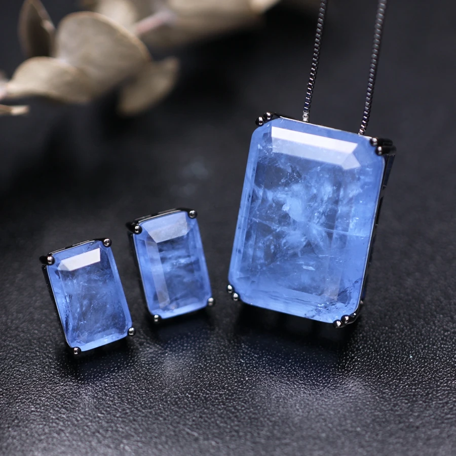 

Square Fusion Stone Big Size Pendant Necklace And Stud Earring Jewelry Set For Women Cubic Zirconia Stone Fashion Party jewelry