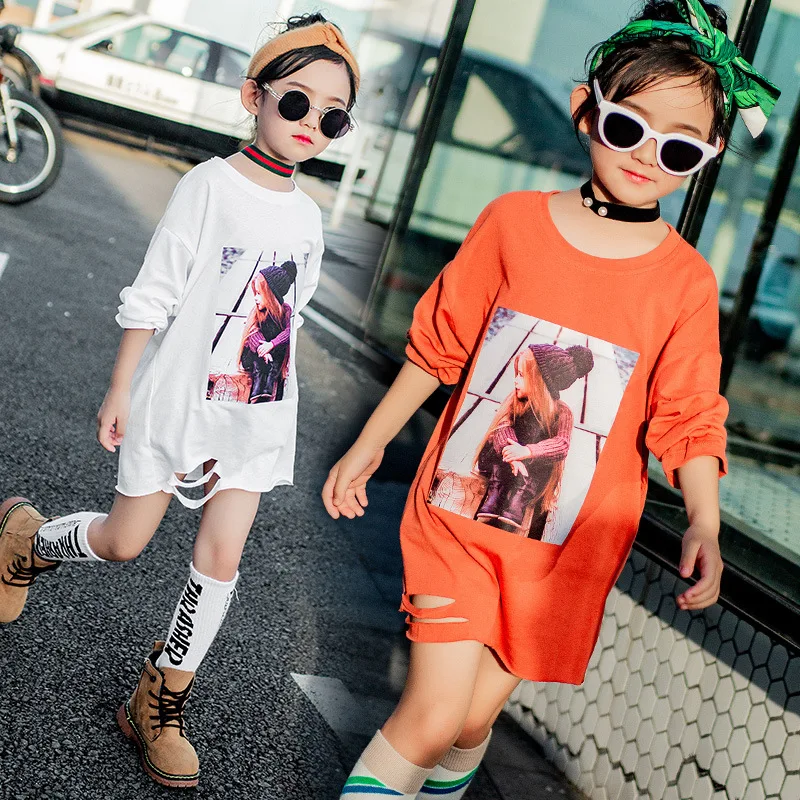 

Girls t-shirt long long-sleeved loose big children's dress 2019 cotton spring and autumn new children's clothing