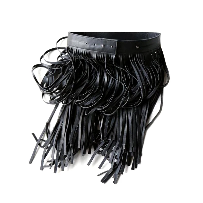 

New Hippie Boho Fringe Tassel Black Faux Leather Ladies Belts sexy leisure skirt High Waist Fashion Women Long Belt Nightclub