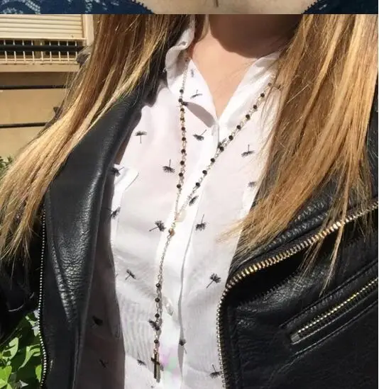 Длинная кисточка крест кулон ожерелье s для женщин ювелирные изделия свитер четки черные бусины ожерелье цепочка bijoux femme kolye collares