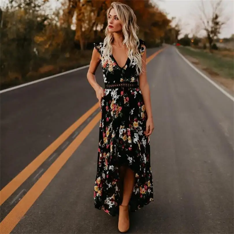 

Women's Floral Asymmetrical Print Dress Summer Sexy V-neck Sleeveless Party Retro A-line Dress Vestido Fashion 2019 Women's Dres