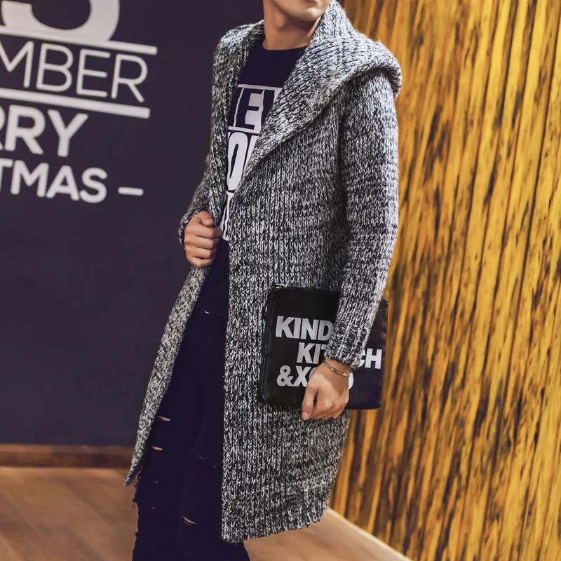 Men's Cardigan Hooded Sweaters New Fashion Male Long Sweaters Men Solid Cardigan Sweaters Size 2XL