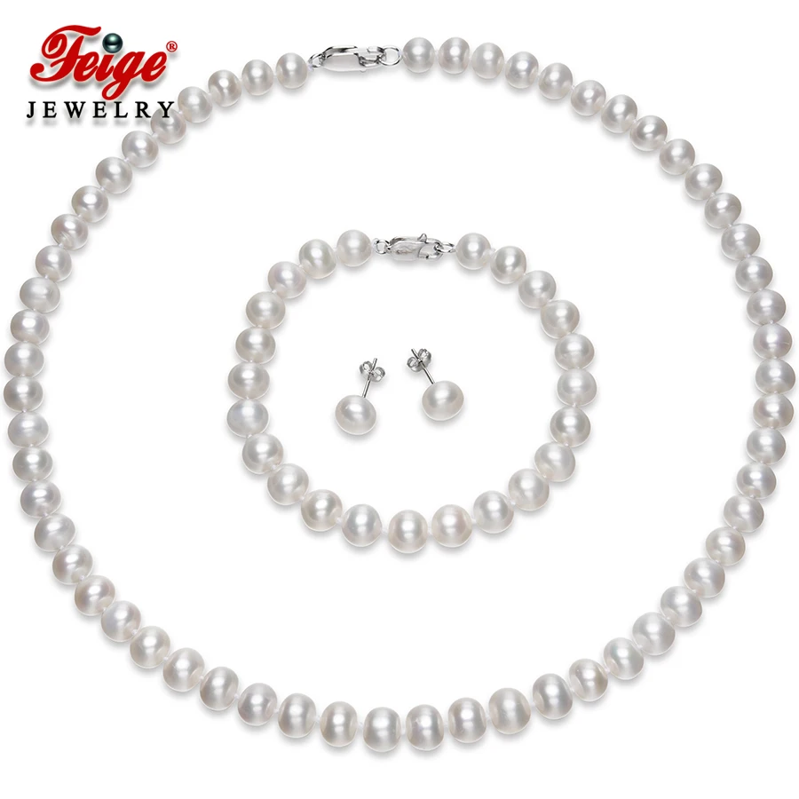 

FEIGE High Quality Bridal Pearl Jewelry 8-9mm Natural White Freshwater Pearl Jewelry Sets For Women's Wedding Engagement Jewelry