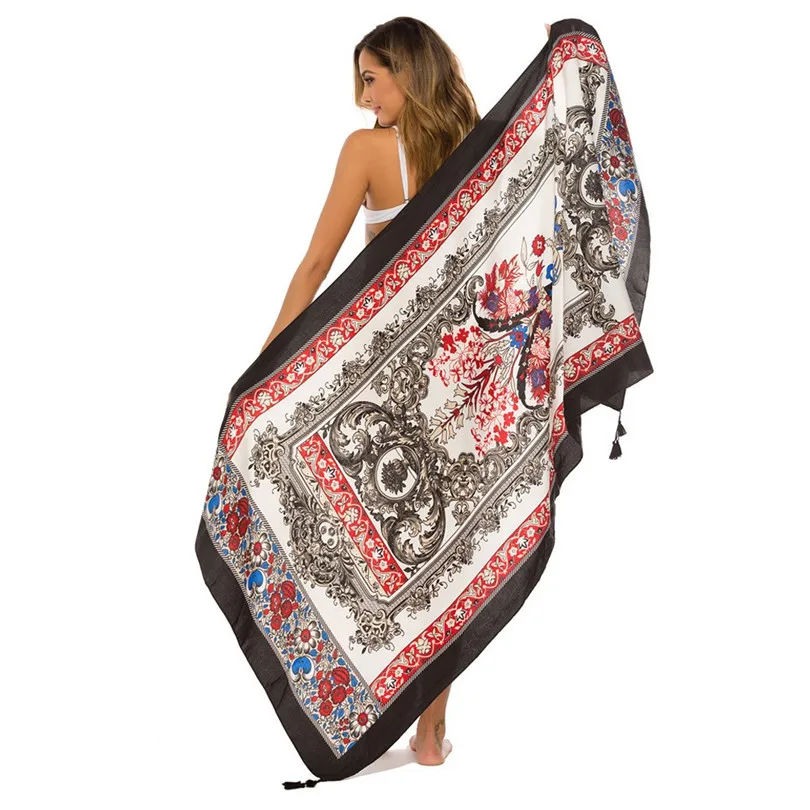 New Summer Women Beach Skirts 2019 Long Hippie Flowers Printed Elastic Waist Beach Towel Cloak Skirt #E11 (40)