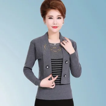 

Autumn Woman Fake 2PCS Sweaters Middle Aged Womens Sequined Pullovers Mother Chic Knitted Sweater Lady Casual Knitwear F372