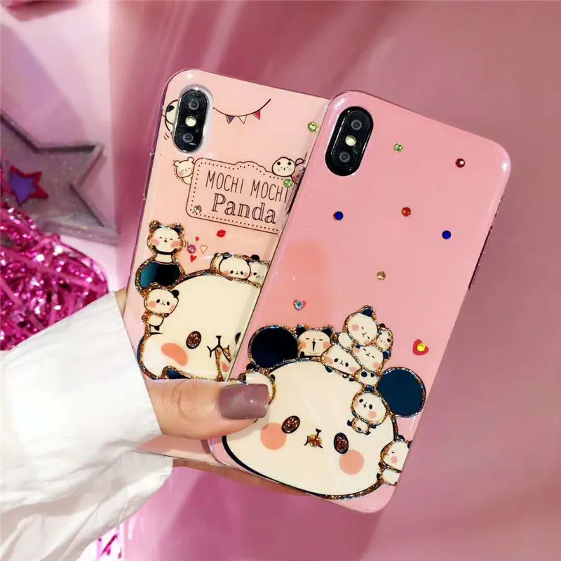 Blue Light Ray Drop Glue Cartoon Case Lovely Pink Little Panda Animal Pattern Phone Cover For iPhone X 6 6s Plus 7 8 Fundas |