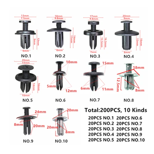 200 шт Смешанные универсальные 5 мм 6 мм 7 мм 8 мм 10 мм отверстия автомобильный бампер крыло багажник Сетка пластиковые крепежные зажимы для всех авто винтовых заклепок - Название цвета: 200PCS Mixed