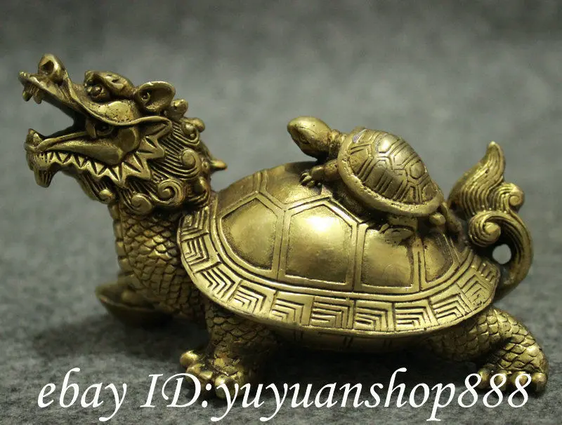 Folk Chinese Brass Fengshui Longevity Shou Dragon Turtle Tortoise